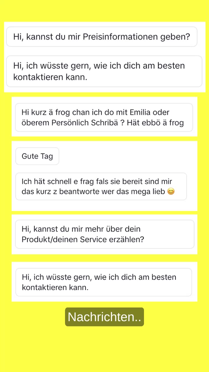 Screenshot mehrerer Chat-Nachrichten von Nutzer:innen mit Fragen an Emilia, u.a. in Schweizerdeutsch, mit dem Hinweis „Nachrichten..“ am unteren Rand.