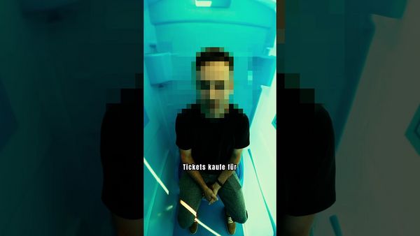 Eine Person sitzt in einer futuristischen, blau leuchtenden Kapsel, mit deutschem Text eingeblendet.
